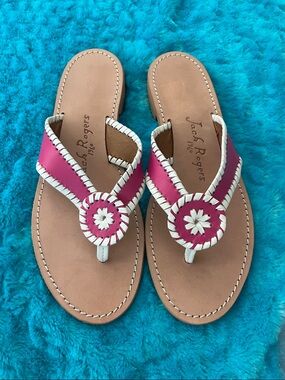 Jack Rogers Womens 9.5 Pink White Palm Beach Leather Slip-On Flat Sandals